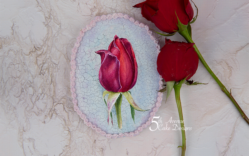 Dimensional Red Rosebud with Cracked Glazed Background Cookie Art Course🍃🌹💞